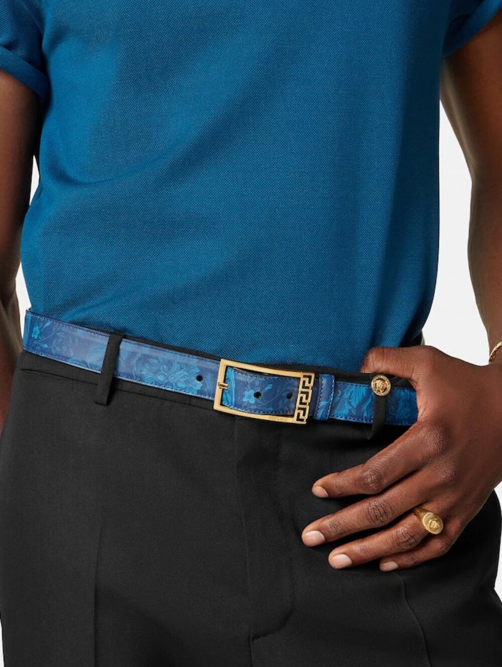 Versace Men's Teal Blue Decorative Greca Printed Belt With Gold Hardware Sz 80